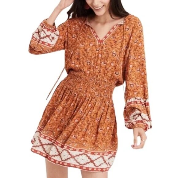 American Eagle Outfitters Dresses & Skirts - American Eagle Bohemian Flowy Fit Long Puffy Sleeve Floral Mini Dress Orange S